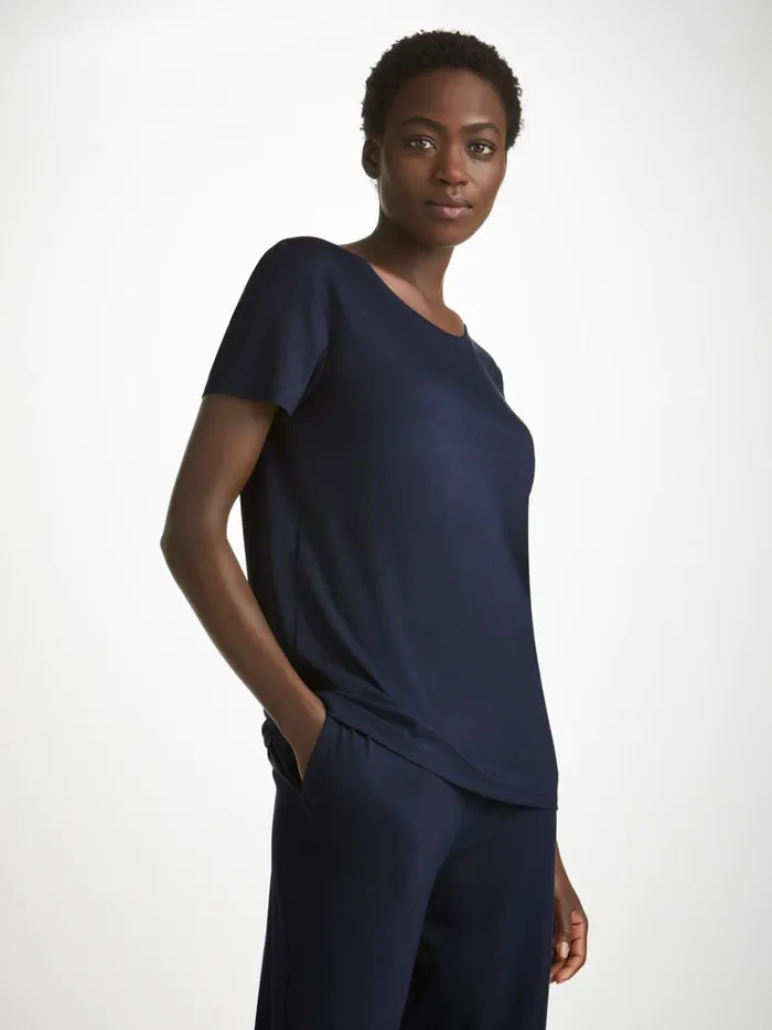 Short Sleeve TShirts Women Derek Rose TShirt Lara Micro Modal Stretch Navy