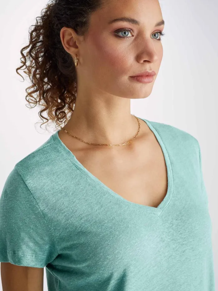 Short Sleeve TShirts Women Derek Rose VNeck TShirt Jordan Linen Soft Aqua