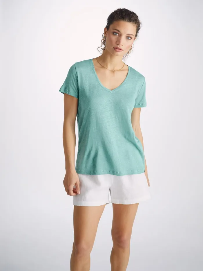 Short Sleeve TShirts Women Derek Rose VNeck TShirt Jordan Linen Soft Aqua