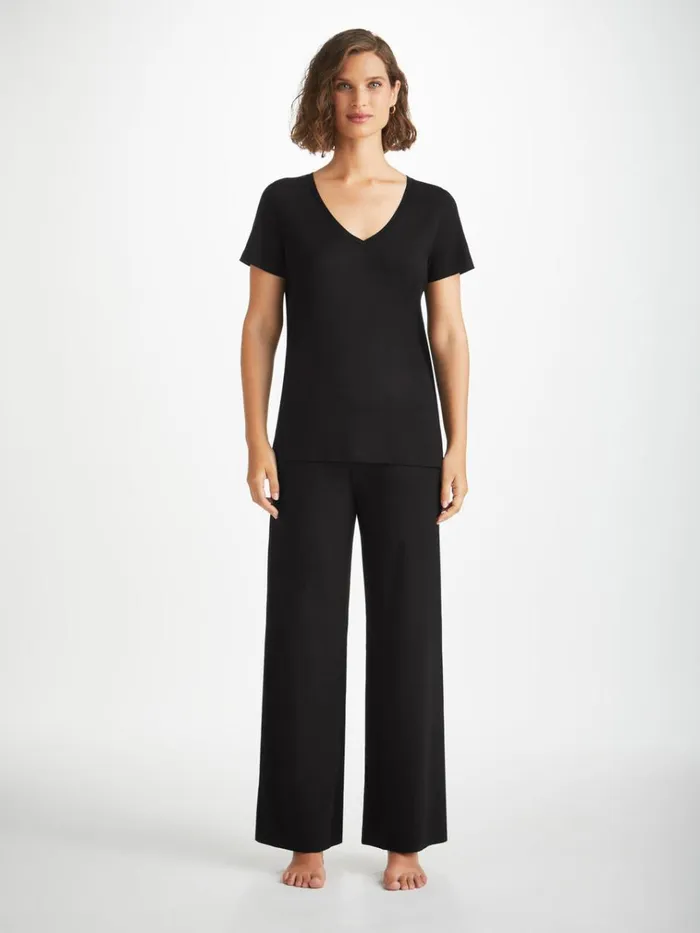 Short Sleeve TShirts Women Derek Rose VNeck TShirt Lara Micro Modal Stretch Black