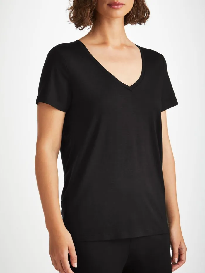 Short Sleeve TShirts Women Derek Rose VNeck TShirt Lara Micro Modal Stretch Black