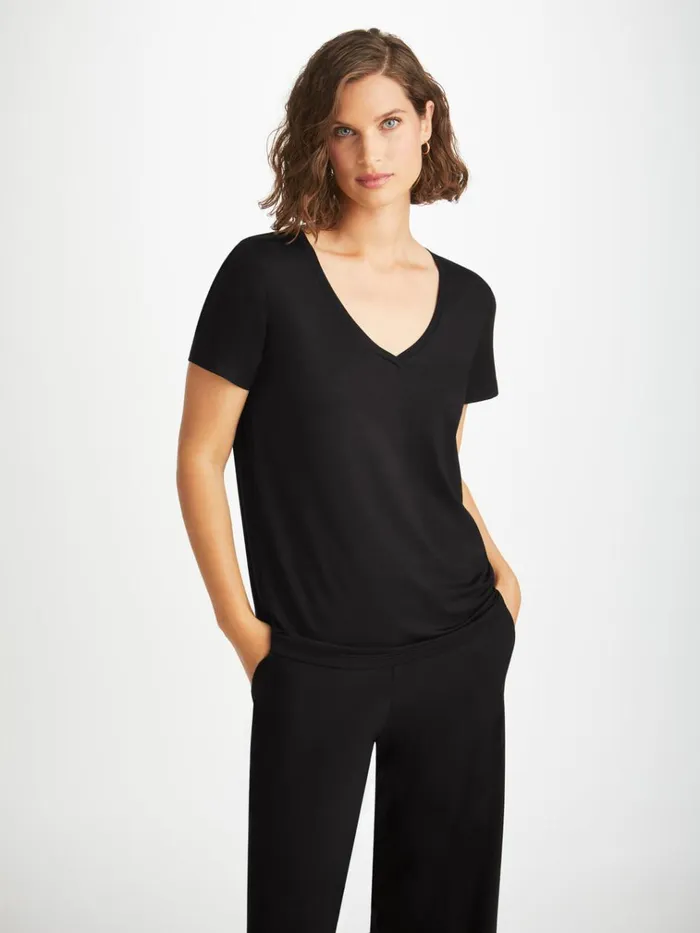 Short Sleeve TShirts Women Derek Rose VNeck TShirt Lara Micro Modal Stretch Black