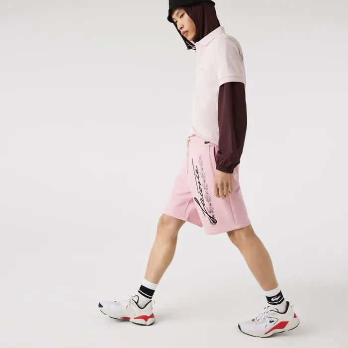 Shorts and Swim Men Lacoste Men039s Signature Print Cotton Fleece Shorts Pink Hcq