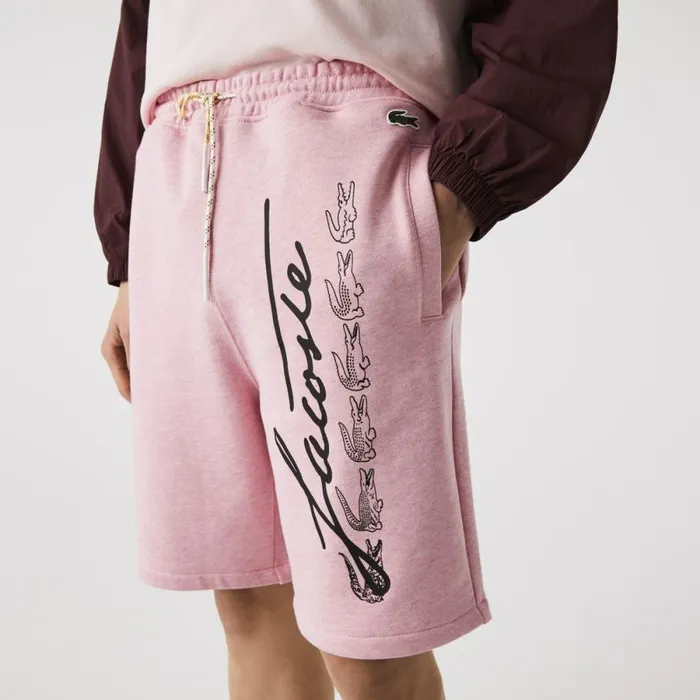 Shorts and Swim Men Lacoste Men039s Signature Print Cotton Fleece Shorts Pink Hcq