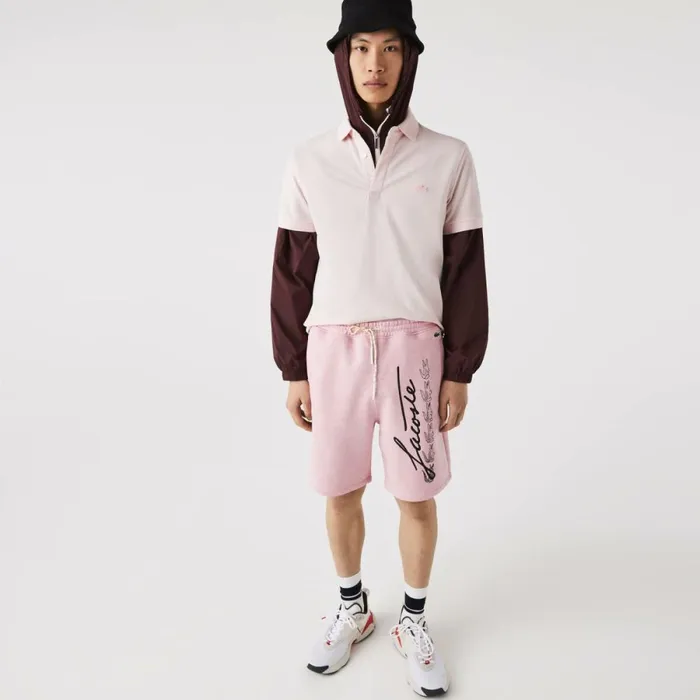 Shorts and Swim Men Lacoste Men039s Signature Print Cotton Fleece Shorts Pink Hcq