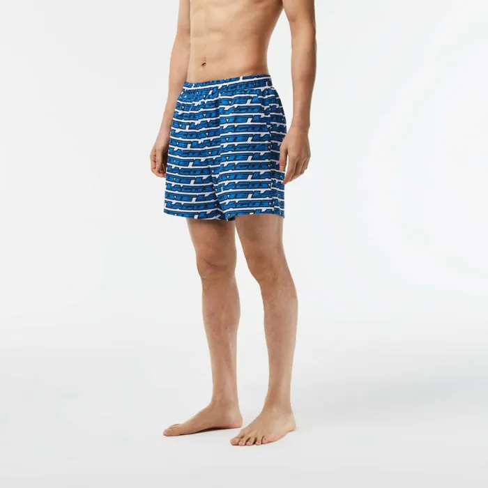 Shorts and Swim Men Lacoste Mens TwoTone Print Swim Trunks White Blue Any