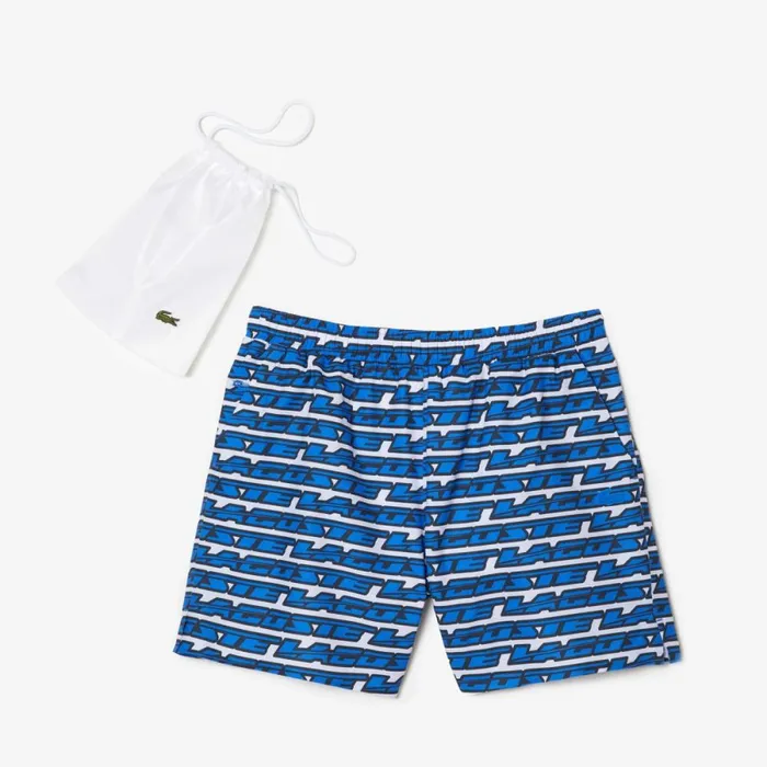 Shorts and Swim Men Lacoste Mens TwoTone Print Swim Trunks White Blue Any