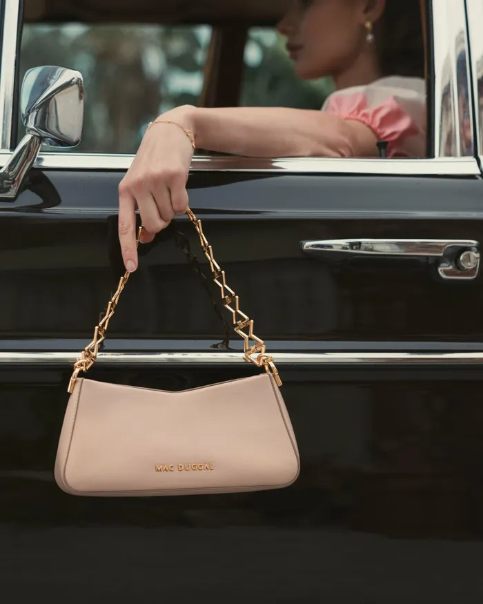 Shoulder Bags Mac Duggal Women Gold Strap Small Taupe Nappa Leather Shoulder Bag 8211 FINAL SALE Taupe