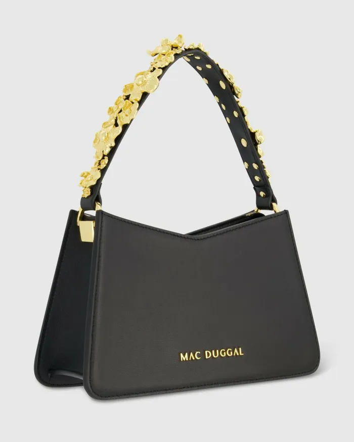 Shoulder Bags Women Mac Duggal Gold Floral Small Black Nappa Leather Shoulder Bag Black