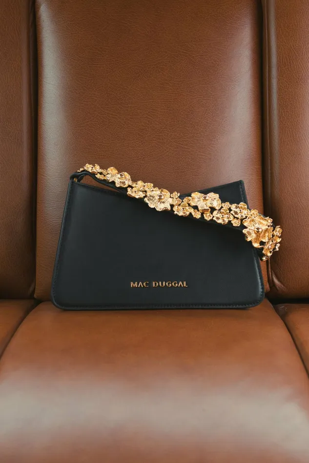 Shoulder Bags Women Mac Duggal Gold Floral Small Black Nappa Leather Shoulder Bag Black