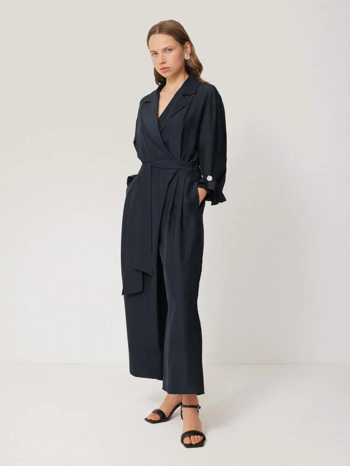Silk Relaxed Wrap Jumpsuit Navy Women Jigsaw Dresses and Jumpsuits