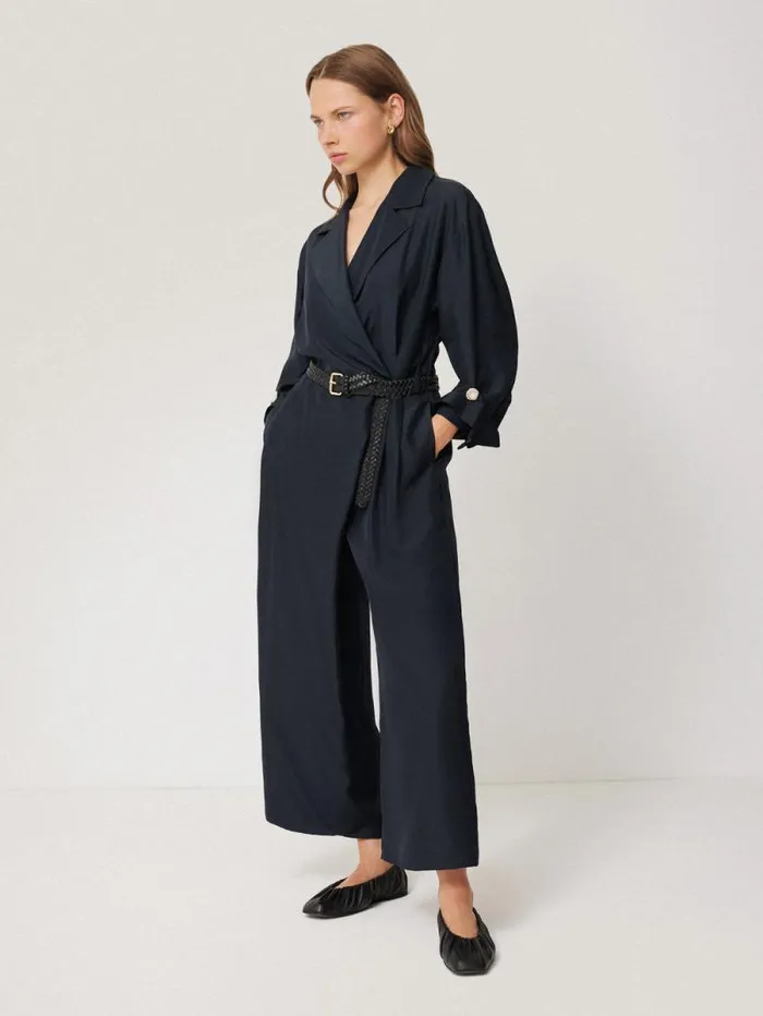 Silk Relaxed Wrap Jumpsuit Navy Women Jigsaw Dresses and Jumpsuits