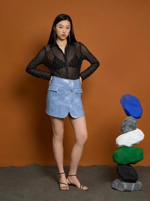 Sister Jane Bottoms Womenswear Ghospell Nix PU Mini Skirt Stone Blue