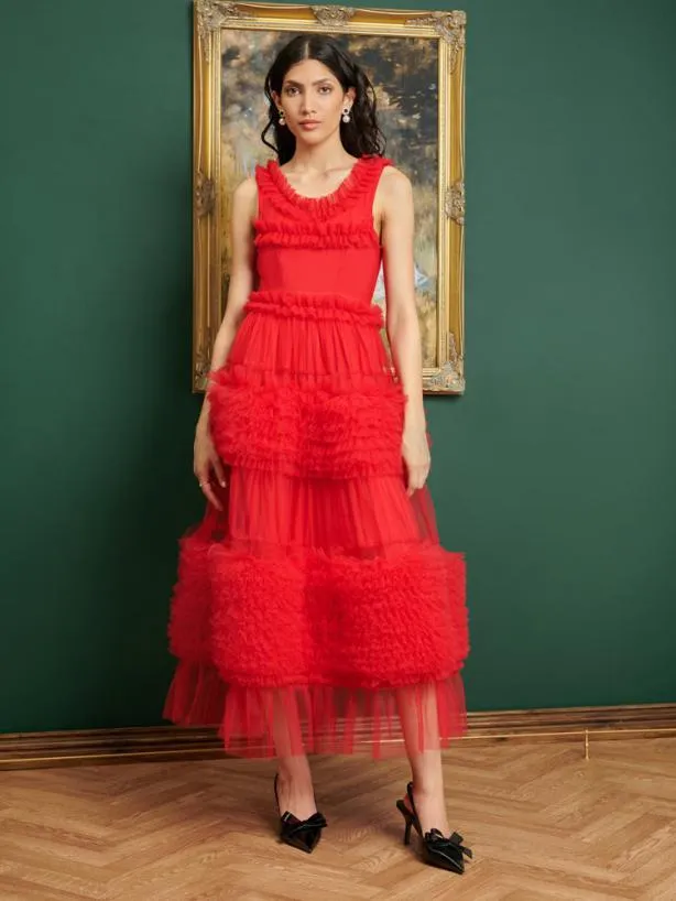 Sister Jane Dresses Womenswear DREAM Frida Tulle Ruffle Midi Dress Ruby Red