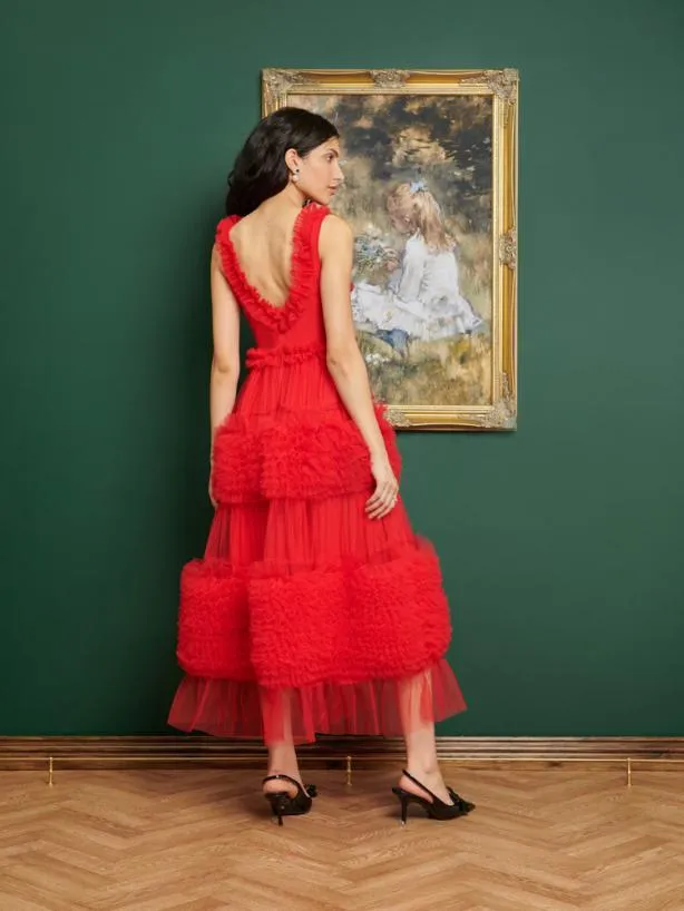Sister Jane Dresses Womenswear DREAM Frida Tulle Ruffle Midi Dress Ruby Red