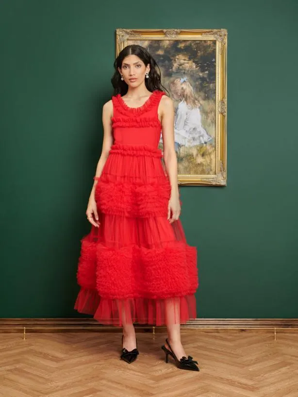 Sister Jane Dresses Womenswear DREAM Frida Tulle Ruffle Midi Dress Ruby Red