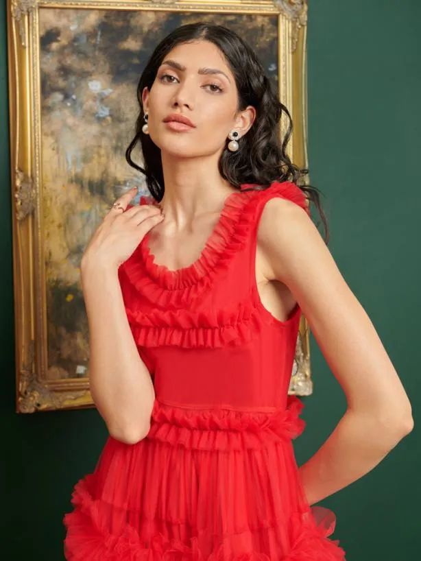 Sister Jane Dresses Womenswear DREAM Frida Tulle Ruffle Midi Dress Ruby Red