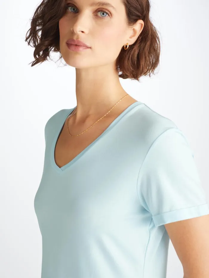 Sleep TShirts Women Derek Rose VNeck Sleep TShirt Lara Micro Modal Stretch Ice Blue