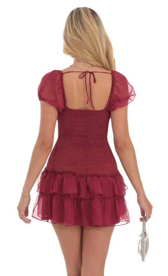 Smocked Ruffle Dress Maroon Women LUCY IN THE SKY Mini Dresses