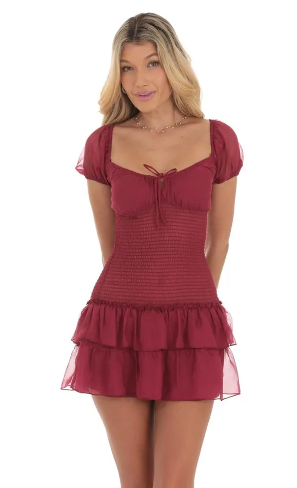 Smocked Ruffle Dress Maroon Women LUCY IN THE SKY Mini Dresses