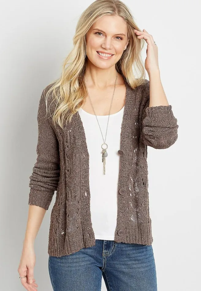 Solid Lace Stitch Button Front Cardigan Women Maurices Tops