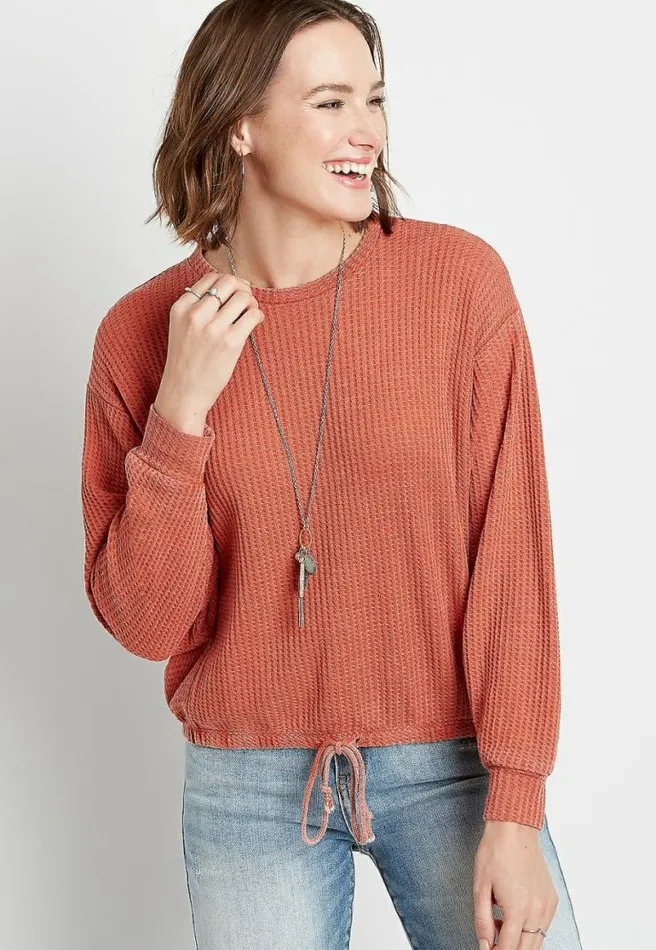 Solid Waffle Knit Tie Bottom Crew Neck Pullover Women Maurices Tops
