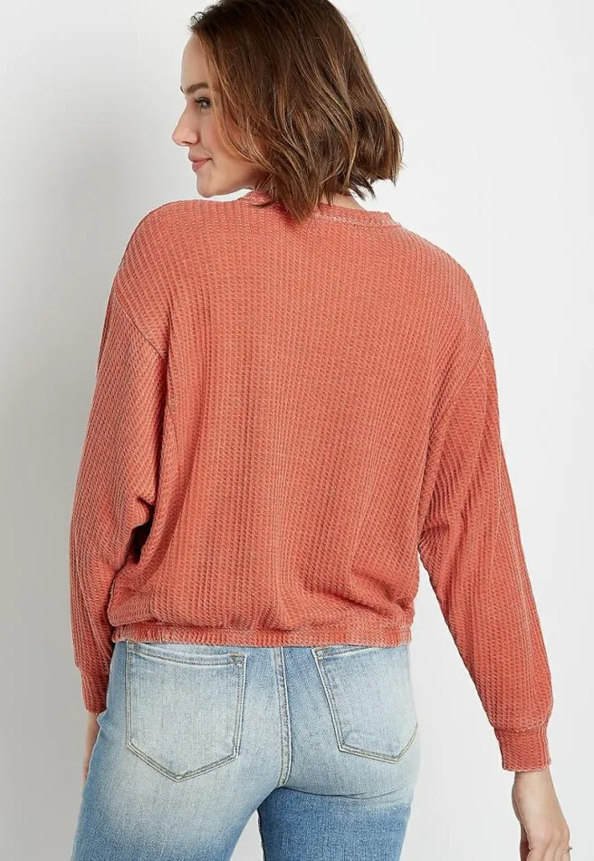 Solid Waffle Knit Tie Bottom Crew Neck Pullover Women Maurices Tops