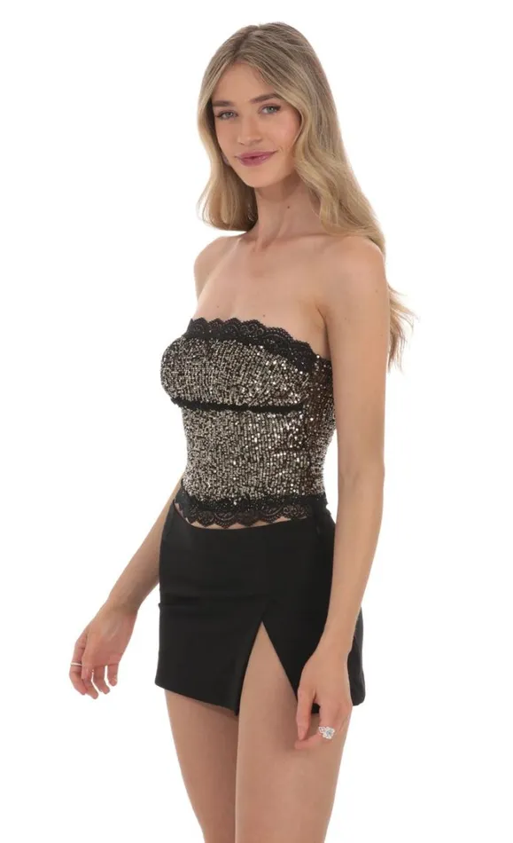 Strapless Gold Sequin Top Black Women LUCY IN THE SKY Tops Strapless Gold Sequin Top Black Women LUCY IN THE SKY Tops