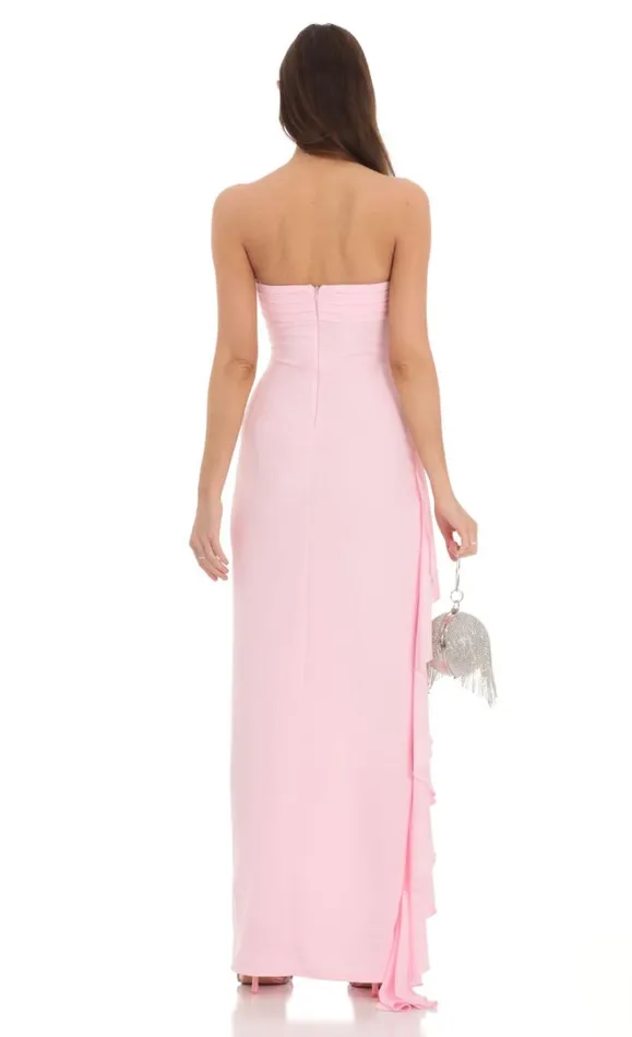 Strapless Ruched Ruffle Maxi Dress Pink Women LUCY IN THE SKY Maxi Dresses