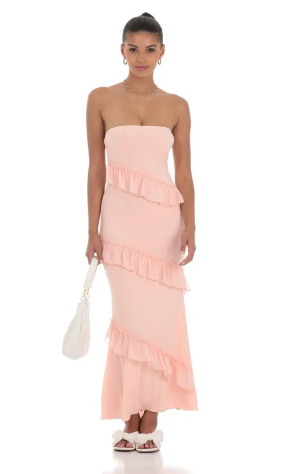Strapless Spiral Ruffle Maxi Dress Peach Women LUCY IN THE SKY Maxi Dresses