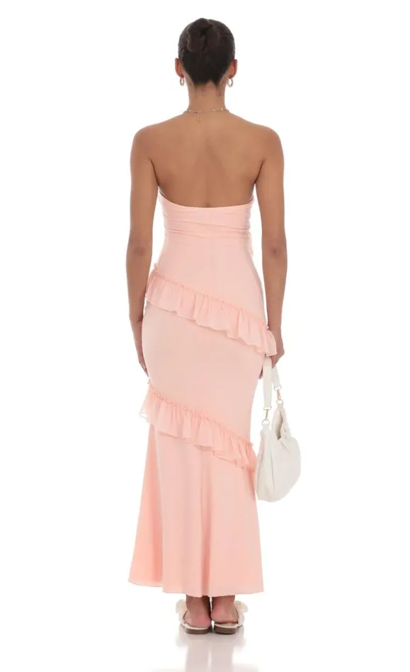 Strapless Spiral Ruffle Maxi Dress Peach Women LUCY IN THE SKY Maxi Dresses