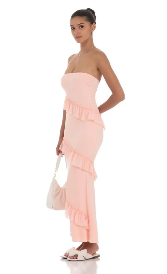 Strapless Spiral Ruffle Maxi Dress Peach Women LUCY IN THE SKY Maxi Dresses