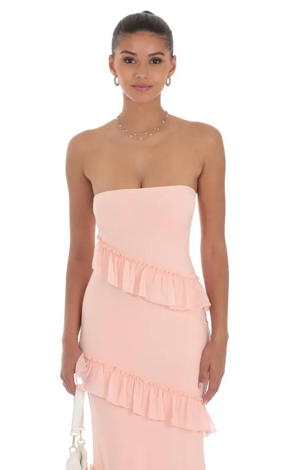 Strapless Spiral Ruffle Maxi Dress Peach Women LUCY IN THE SKY Maxi Dresses