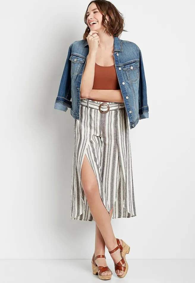 Stripe Linen Belted Cropped Flyaway Pant Women Maurices Bottoms