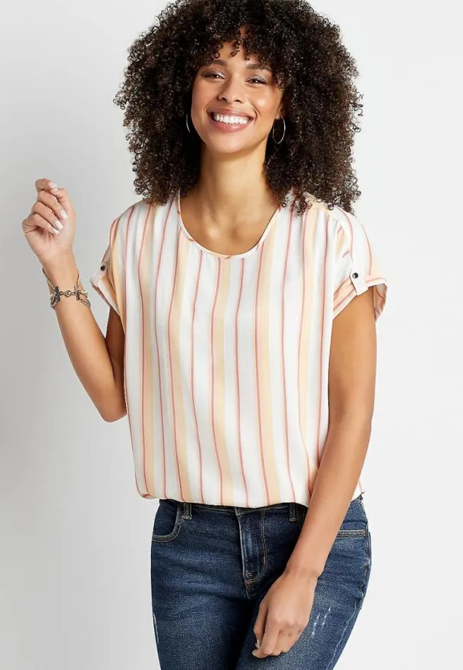 Striped Zipper Back Short Sleeve Blouse Women Maurices Tops