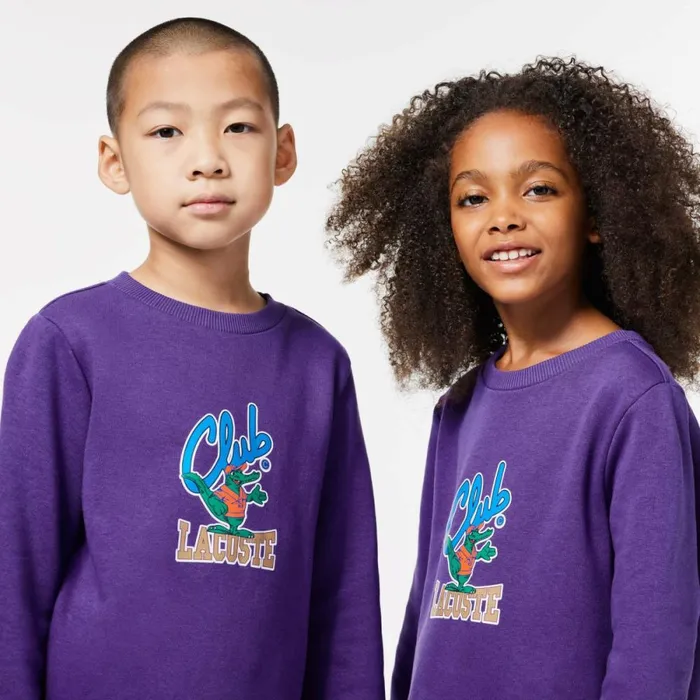 Sweaters and Sweatshirts Kids Lacoste Kids039 Contrast Signature Print Sweatshirt Acai Purple Sni