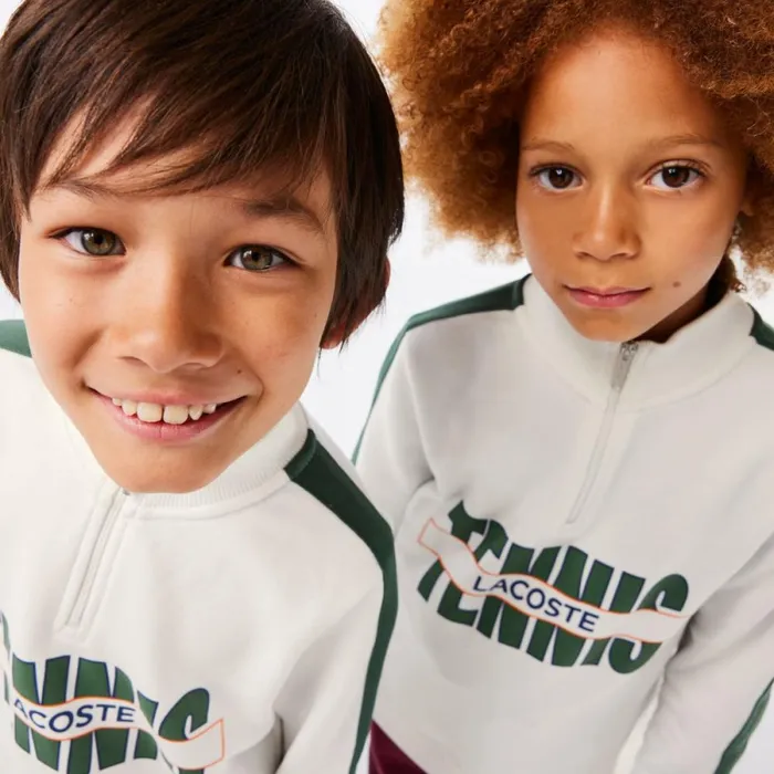 Sweaters and Sweatshirts Kids Lacoste Kids039 Tennis Print QuarterZip Sweatshirt White Dark Green Qci