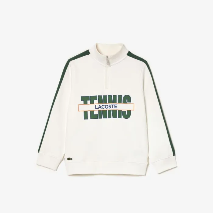 Sweaters and Sweatshirts Kids Lacoste Kids039 Tennis Print QuarterZip Sweatshirt White Dark Green Qci