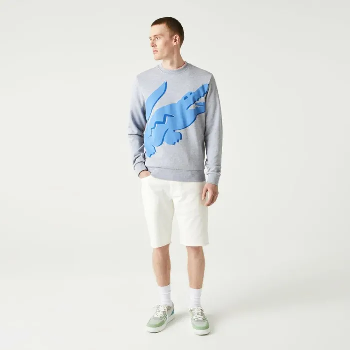 Sweaters and Sweatshirts Men Lacoste Men039s Crew Neck Print Organic Cotton Fleece Sweatshirt Grey Chine Cca
