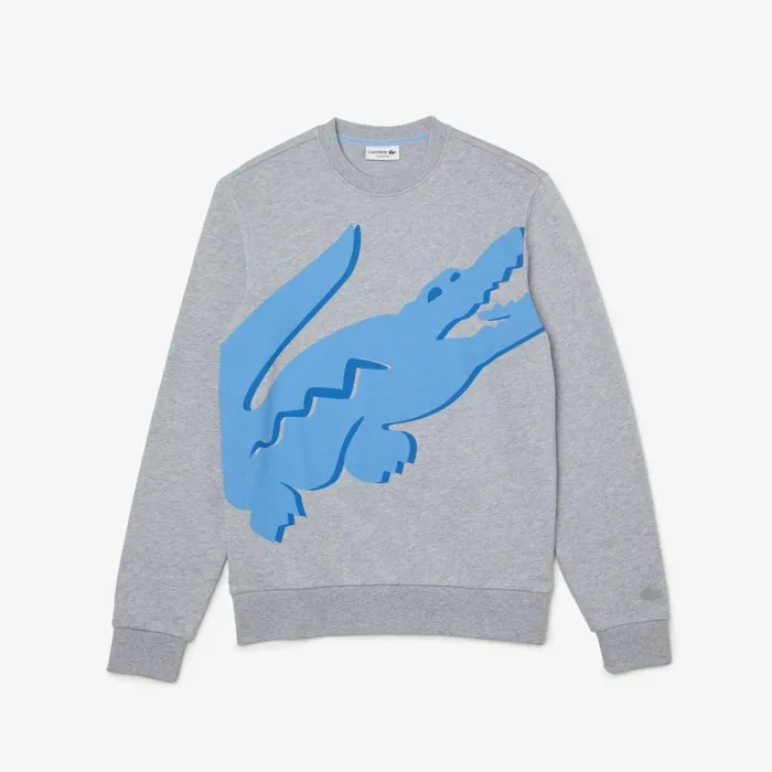 Sweaters and Sweatshirts Men Lacoste Men039s Crew Neck Print Organic Cotton Fleece Sweatshirt Grey Chine Cca