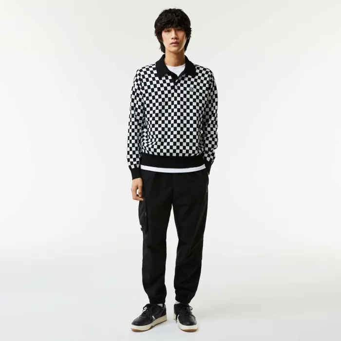 Sweaters and Sweatshirts Men Lacoste Men039s Heritage Relaxed Fit Checkerboard Sweater Black White 9m0