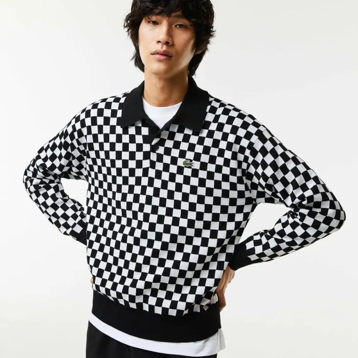 Sweaters and Sweatshirts Men Lacoste Men039s Heritage Relaxed Fit Checkerboard Sweater Black White 9m0