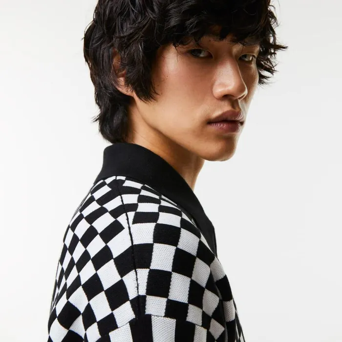 Sweaters and Sweatshirts Men Lacoste Men039s Heritage Relaxed Fit Checkerboard Sweater Black White 9m0