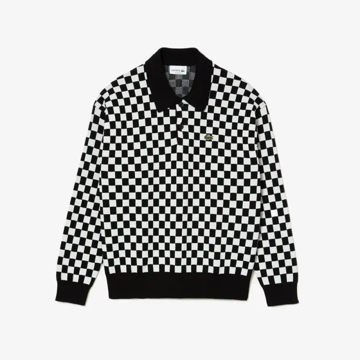 Sweaters and Sweatshirts Men Lacoste Men039s Heritage Relaxed Fit Checkerboard Sweater Black White 9m0
