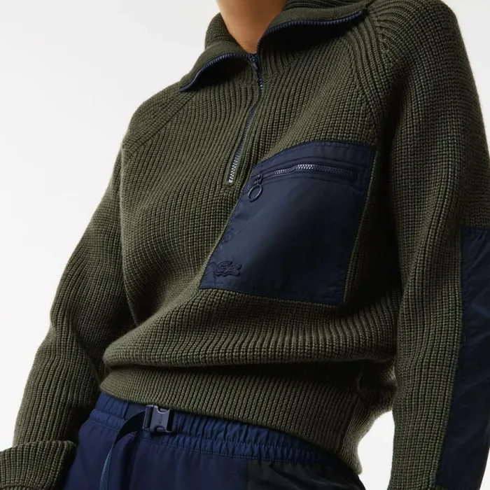 Sweaters and Sweatshirts MenWomen Lacoste Women039s Colorblock HalfZip Sweater Khaki Green Navy Blue U74