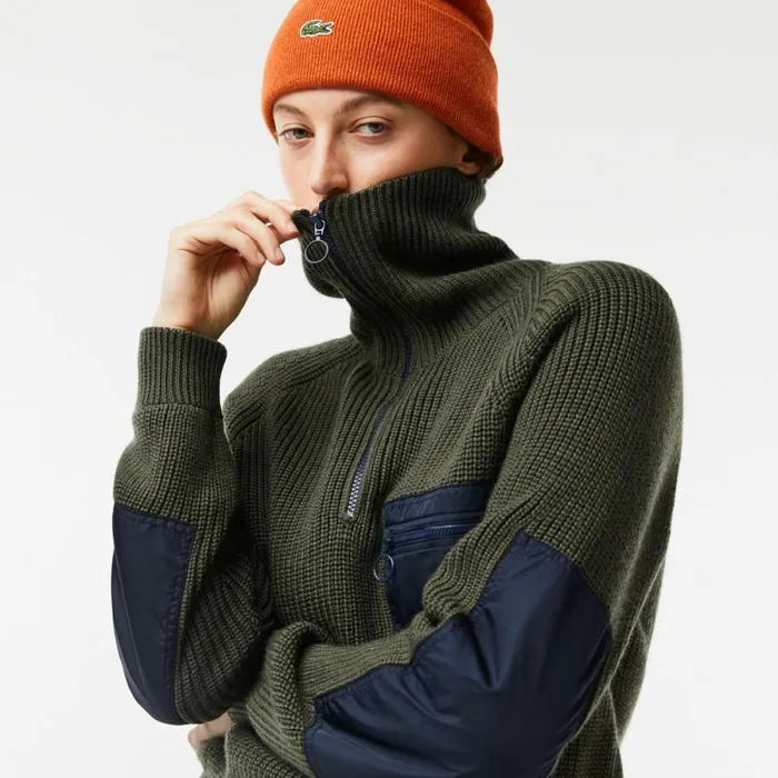 Sweaters and Sweatshirts MenWomen Lacoste Women039s Colorblock HalfZip Sweater Khaki Green Navy Blue U74