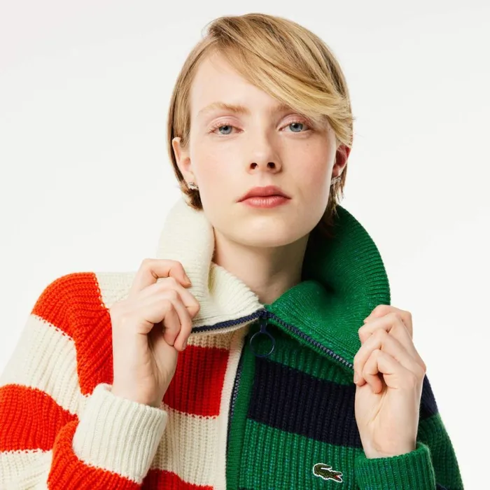Sweaters and Sweatshirts Women Lacoste Women039s Wool Zip Neck Contrast Stripe Colorblock Sweater White Orange Navy Blue Green Blue Qi5