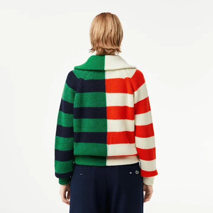 Sweaters and Sweatshirts Women Lacoste Women039s Wool Zip Neck Contrast Stripe Colorblock Sweater White Orange Navy Blue Green Blue Qi5
