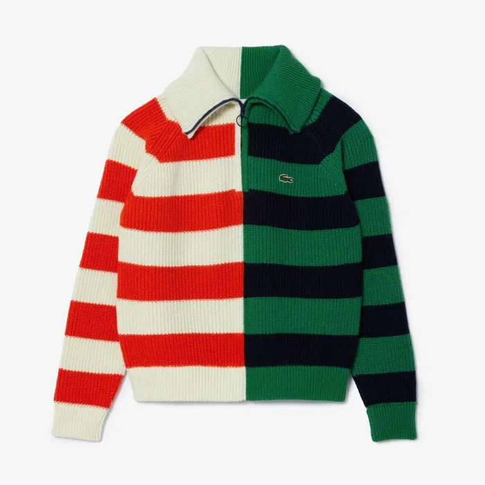 Sweaters and Sweatshirts Women Lacoste Women039s Wool Zip Neck Contrast Stripe Colorblock Sweater White Orange Navy Blue Green Blue Qi5