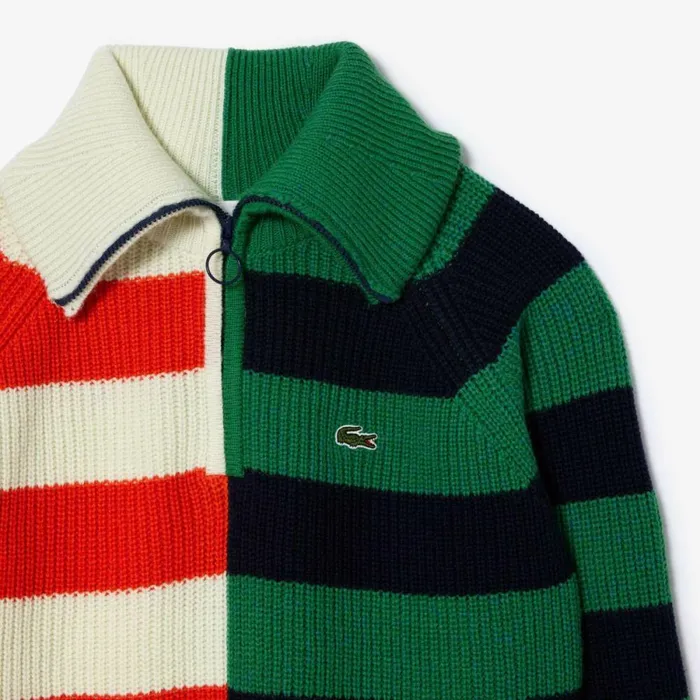 Sweaters and Sweatshirts Women Lacoste Women039s Wool Zip Neck Contrast Stripe Colorblock Sweater White Orange Navy Blue Green Blue Qi5